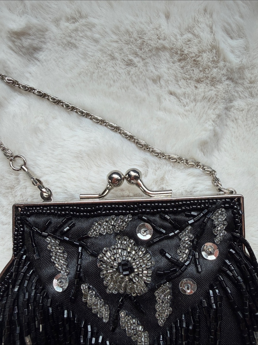 Vintage Beaded Fringe Evening Bag - Black/Silver - Picture 4 of 9